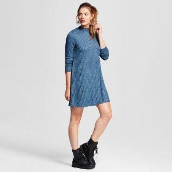 Mossimo Heathered Gray Wide Ribbed Knit Mock Neck Long Sleeve Swing Dress - Picture 1 of 9